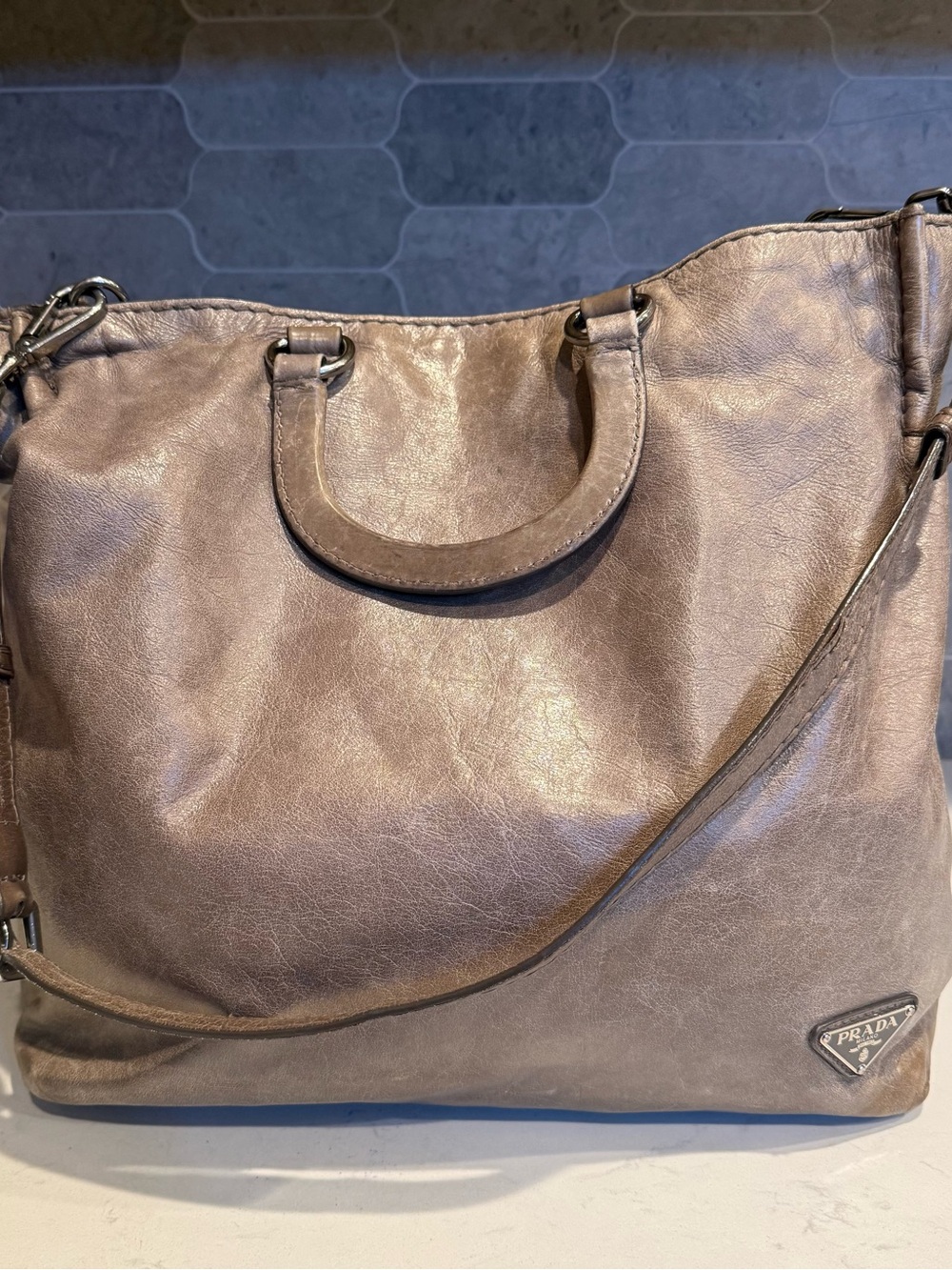 Prada leather top handle tote bag